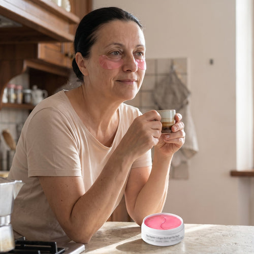 Donna con i Patch Occhi Dr.Luvion in posa mentre prepara il caffè